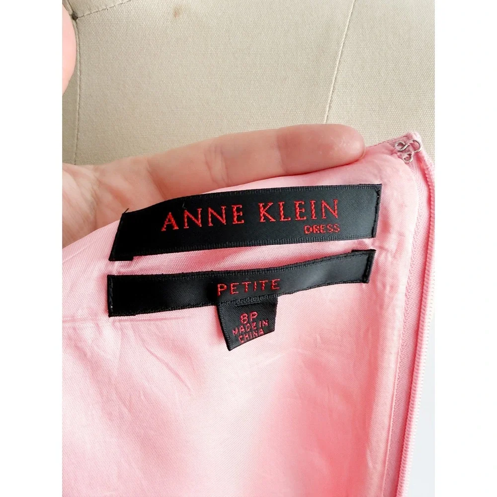 Anne Klein Linen Fit Flare Dress 8P Pink Ruffle Hem Cap Sleeve Ribbon Belt y2k
